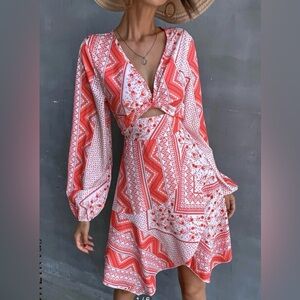 SHEIN VCAY Geo Print Twist Tulip Hem Lantern Sleeve Dress